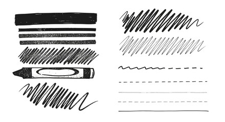 Naklejka premium Hand drawn crayon strokes and charcoal pencil lines, black wax crayon texture set, artistic charcoal scribbles and dashed pencil marks on white