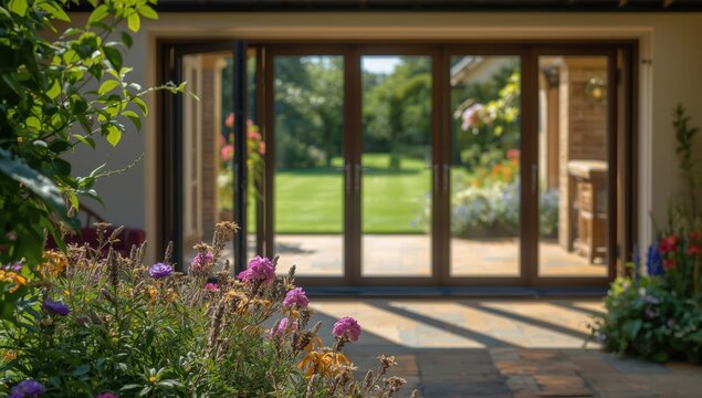 Chic bifold doors with greenery on a sandstone patio in spring and summer