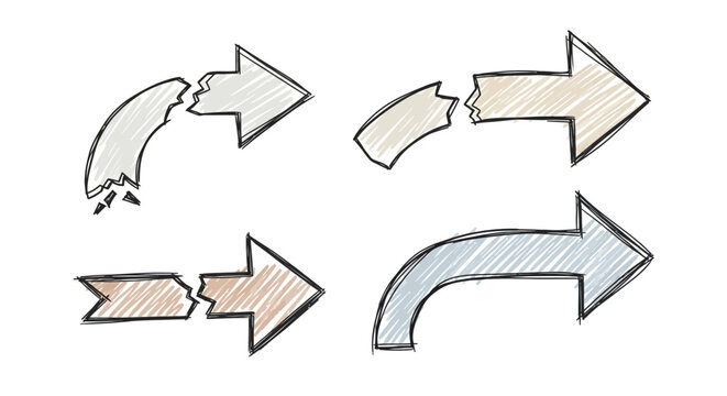 Hand drawn broken arrow set, sketchy scribbled directional pointers, 4 vector icons with cracked and split arrow shapes in muted colors