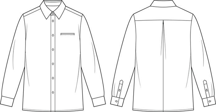 Classic long sleeve button shirt outline template, front and back view formal apparel mockup vector, minimalist clothing technical line art