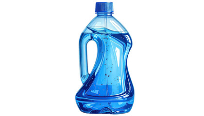 A blue plastic container of liquid, handle-shaped with a screw-on cap, clear with liquid