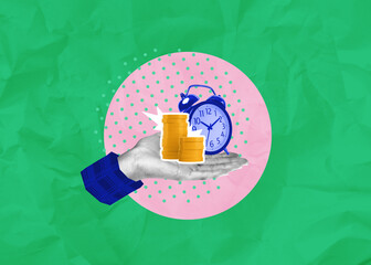 Conceptual collage of hand holding coins and clock symbolizing time and money on a colorful...