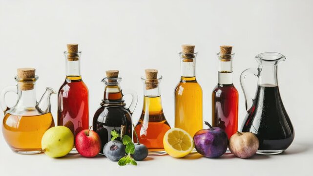 A collection of flavored syrups next to a selection of fresh fruits.