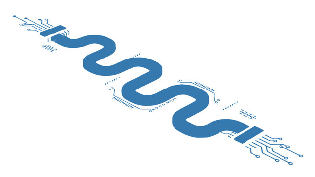blue winding line with circuit board connections illustrating digital data flow network communication and modern tech concepts.