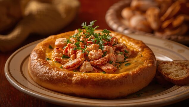 Chilean coastal dish featuring baked king crab with cheese, cream, and bread
