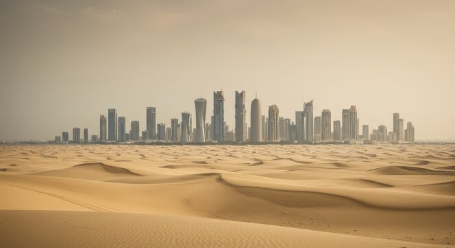 Doha skyline visible beyond vast sandy dunes in the desert with many tall buildings