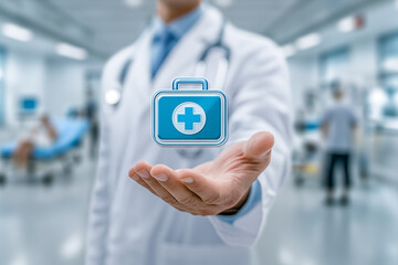 Close-up of a doctor in white coat holding a blue first aid kit icon on a futuristic healthcare interface. The background is a hospital room, symbolizing emergency care and hospital technology.
