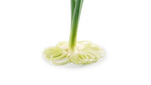 Chopped green leek and whole stalk on white backdrop