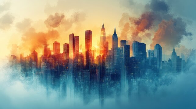 A modern cityscape emerges from a sea of clouds at sunset.