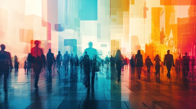 A crowd of people walking in an abstract city with colorful background.