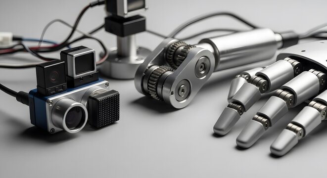 A futuristic 3D robot kit featuring a hand with a black optical zoom lens and audio video cables located on a white background.