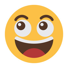 Excited happy face emoji icon with big open smile isolated on transparent background.