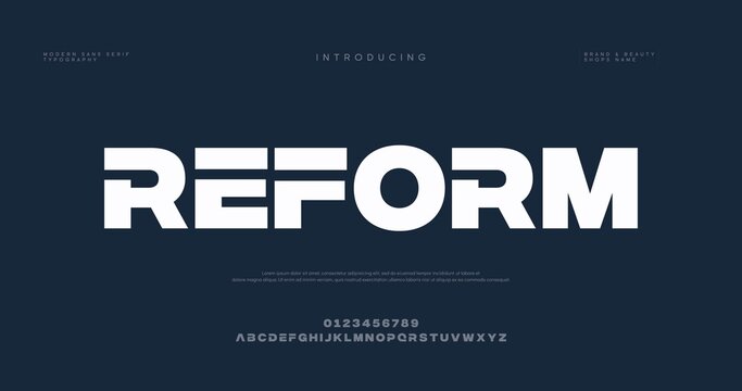 A modern font design introducing the word Reform in bold letters