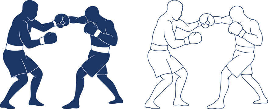 Two boxers in fighting stance blue silhouette and outline