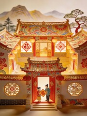 Obraz premium Traditional Chinese Courtyard Paper Art 3D Scene, Spring Festival Blessing Folk Custom