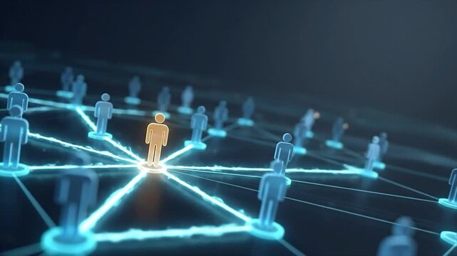 Golden illuminated figure connects to a network of blue figures showing global connections and communication technology suitable for business strategy and social network concepts