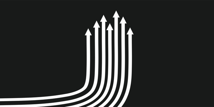 White arrows curving upwards on a black background symbolizing growth and progress.