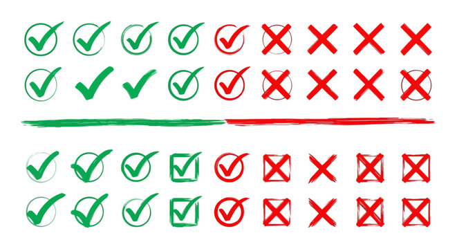check marks and crosses set symbolizing correct incorrect approval and denial perfect for feedback ui design and task completion graphics