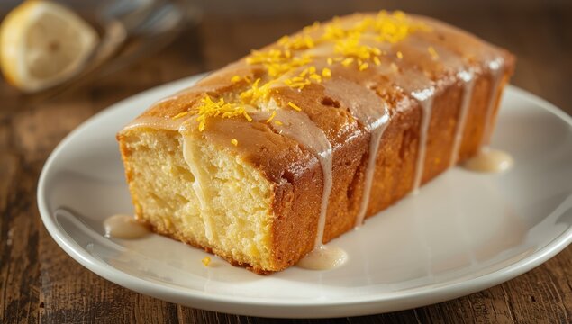 Close-up of a lemon zest pound cake loaf on a plate. Horizontal
