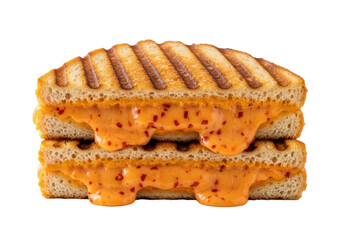 Two perfectly grilled halves of gourmet artisan sourdough grilled cheese with vibrant, oozing spicy pepper jack cheese, stacked on a transparent studio background with soft lighting. Appetizing food