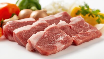 Fototapeta premium Close-up of isolated raw pork chunks for goulash on white