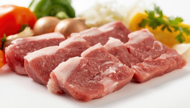 Close-up of isolated raw pork chunks for goulash on white
