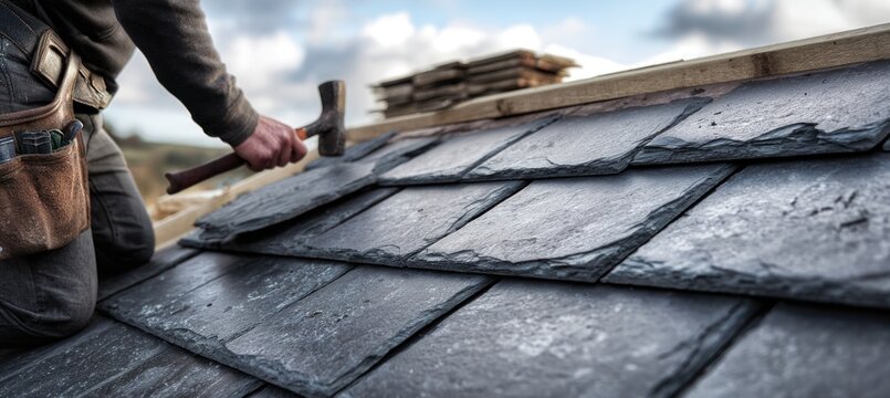 Roofer installing slate tiles on residential roof with hammer and tools in sunny outdoor setting