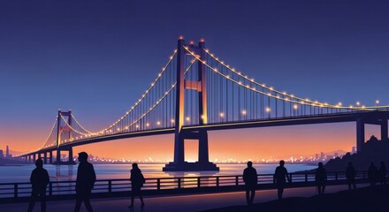 Fototapeta premium Illuminated Suspension Bridge at Sunset with City Skyline – Urban Travel and Architecture Concept