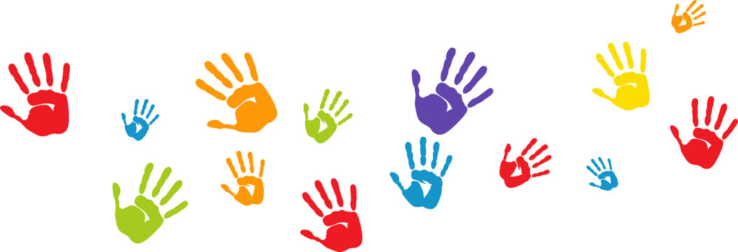 Creative paint hands prints. Happy childhood design. Artistic kids stamp, bright human fingers and palm. Vector illustration.Handprints icon vector illustration. Colorful and Black handprints set.