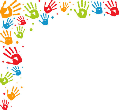 Creative paint hands prints. Happy childhood design. Artistic kids stamp, bright human fingers and palm. Vector illustration.Handprints icon vector illustration. Colorful and Black handprints set.