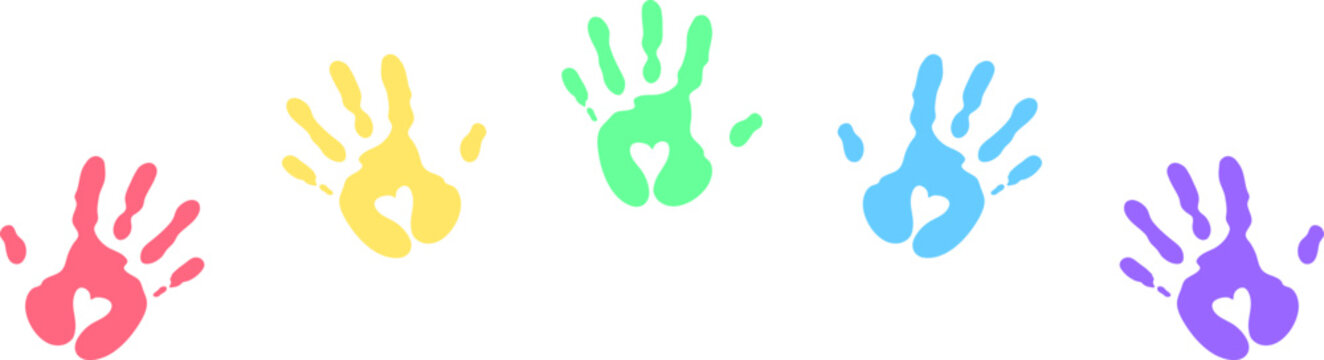 Creative paint hands prints. Happy childhood design. Artistic kids stamp, bright human fingers and palm. Vector illustration.Handprints icon vector illustration. Colorful and Black handprints set.