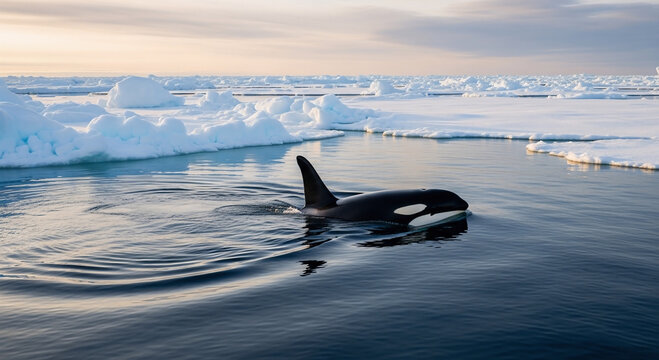 Orca (Orcinus orca) swimming in icy waters, surrounded by large ice floes