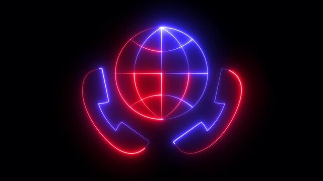 glowing neon international phone call icon isolated on black background. connection world communication concept. representing telephone globe symbol global communication. 4k video animation.