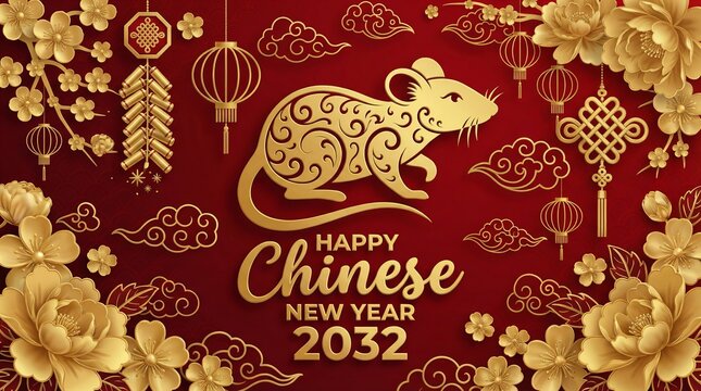 Happy Chinese New Year 2032, featuring elegant rat silhouette, ornate flowers, and festive decorative elements on red background