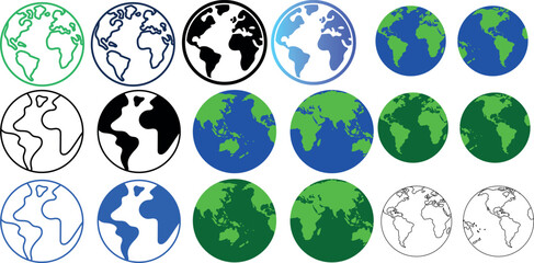Obraz premium Globe Icon Set with Planet Earth Symbols in Line and Flat Style Vector