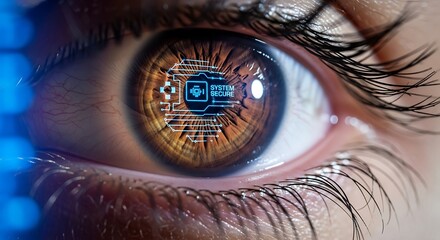 A close-up of a human eye with a futuristic digital circuit reflected in the iris, symbolizing advanced technology and cybernetic enhancement.