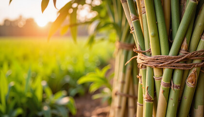 Traditional Indian sugarcane stalks at golden hour, festive harvest