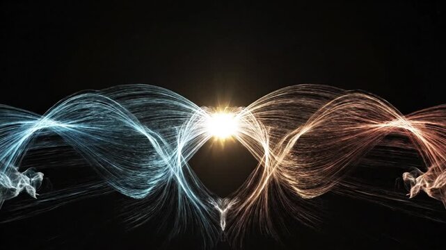 Abstract swirling patterns of blue and orange light intertwine around a central radiant glow
