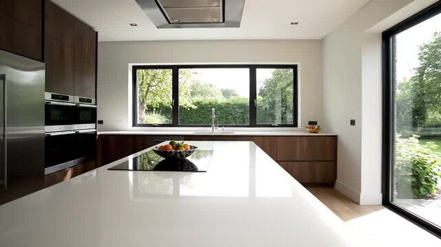 Modern Kitchen Interior Design with Island and Large Windows.