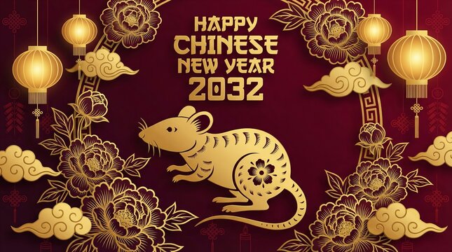 Happy Chinese New Year 2032, featuring elegant rat silhouette, ornate flowers, and festive decorative elements on red background