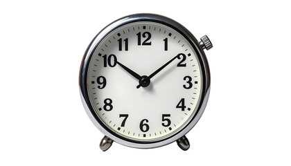 A classic round, silver-cased alarm clock with white face and black numerals