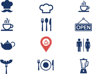 Collection of dark blue food and restaurant on white