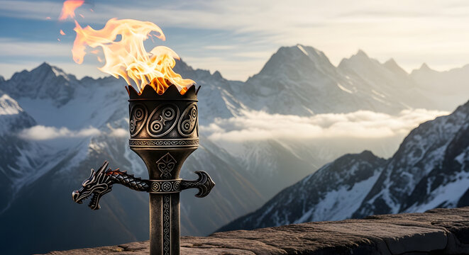 Ancient torch with flame in misty mountain landscape at sunrise