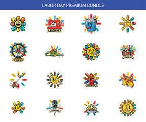 Obraz premium Playful Labor Day Icon Set: Tools, Machines, and Cheerful Characters