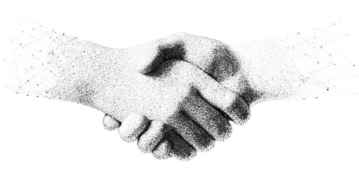 Black and white illustration of two hands shaking in a stippled style isolated on transparent background
