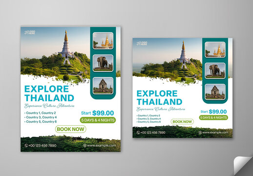 Editable Explore Thailand Travel Social Media Post Template Set for Vacation Package Offers and Cultural Adventure Tour Promotion.