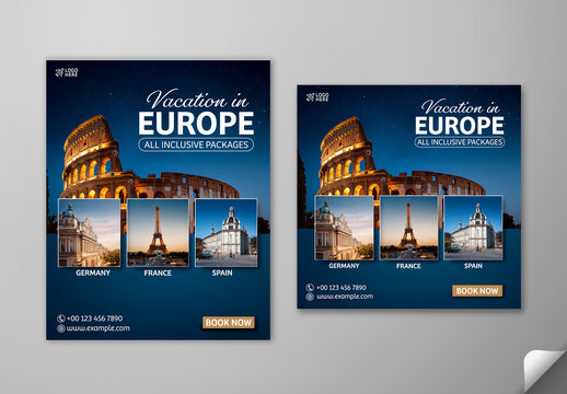 Editable Europe Vacation Travel Social Media Post Template Set with Blue Theme and Multi City Destination Design for All Inclusive Tour Packages.