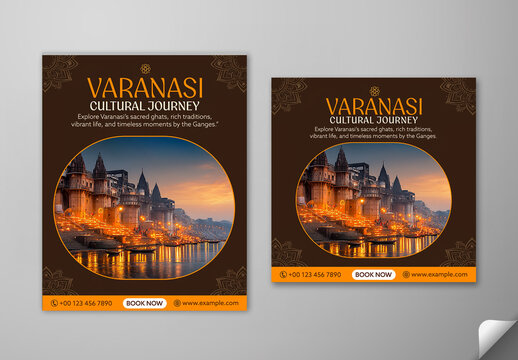 Editable Cultural Journey Varanasi Travel Social Media Template Set with Shri Kashi Vishwanath Temple and Ganga Ghat Photo for India Pilgrimage Tour Promotion.