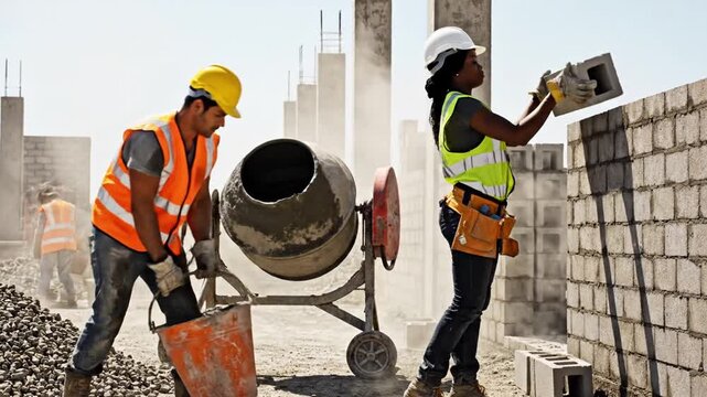 Construction workers building wall with cement mixer on site