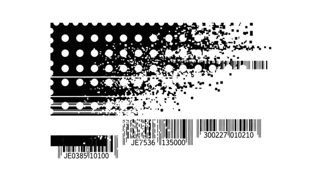 digital data fragmentation showing dot matrix patterns and bar codes dissolving into pixels illustrating digital corruption and data loss.